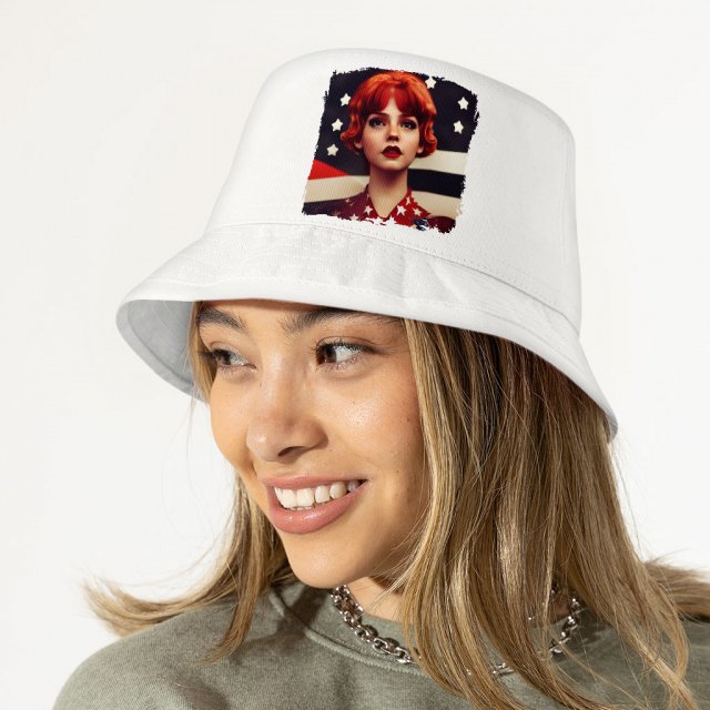 USA Flag Print Bucket Hat – Girl Art Hat – Patriotic Bucket Hat