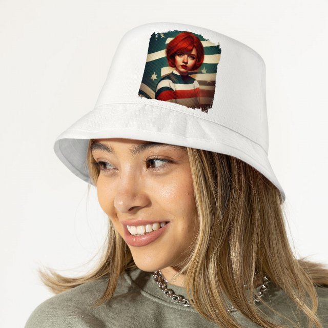 Girl With Red Hair American Flag Bucket Hat - Print Hat - Flag Bucket Hat - Image 3