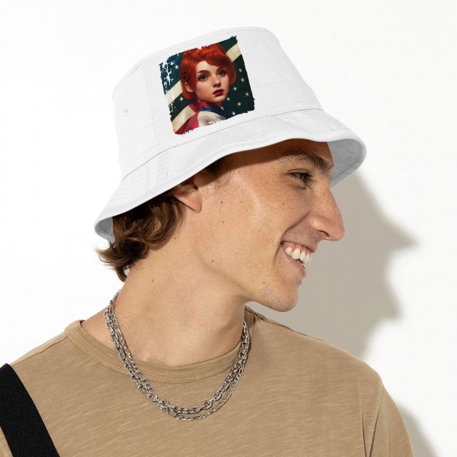 Girl Red Hair American Flag Bucket Hat – Art Hat – Cool Bucket Hat