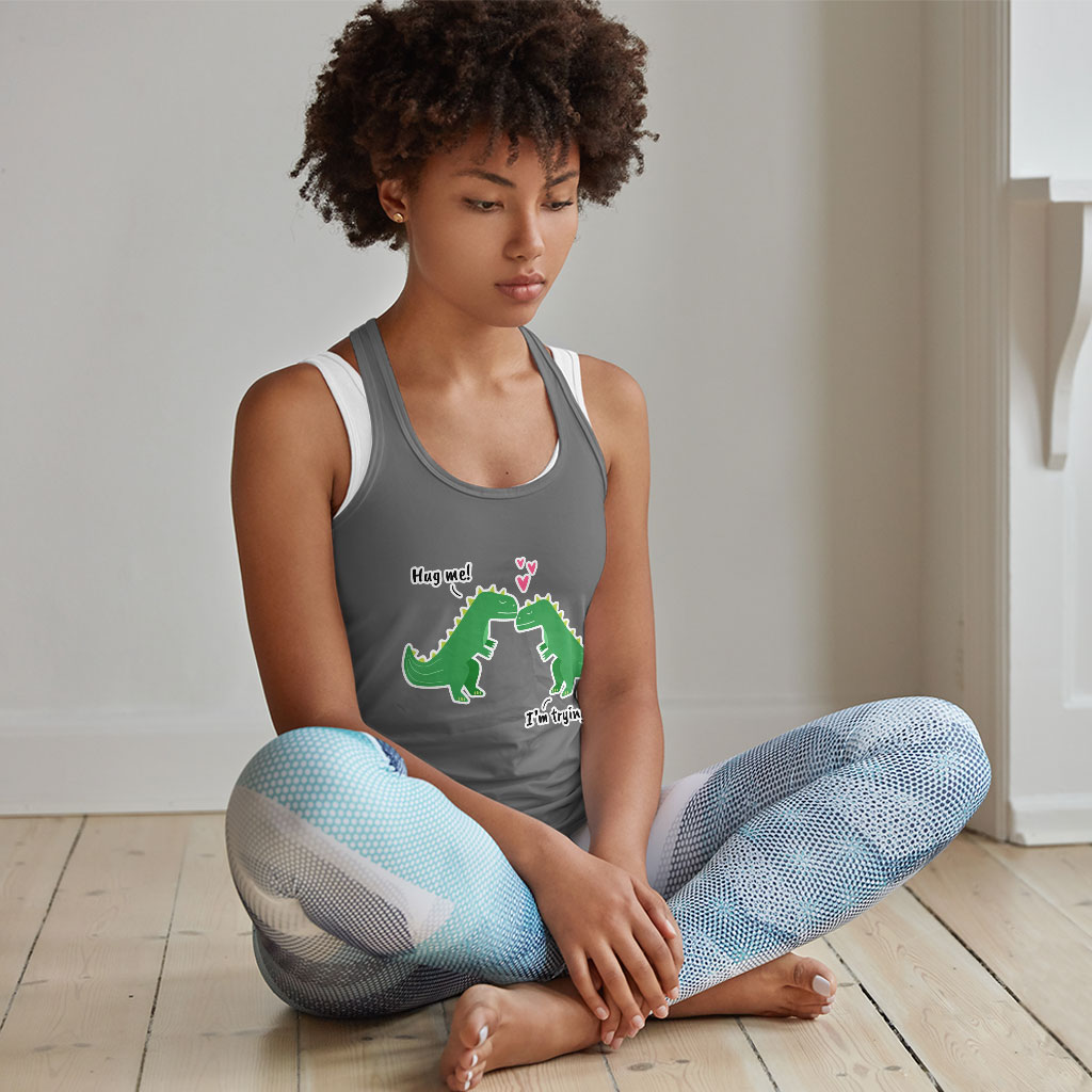 Hug Me Racerback Tank - Dinosaur Tank - Funny Design Workout Tank Clothing Tanks Color : Black|Gray|White 