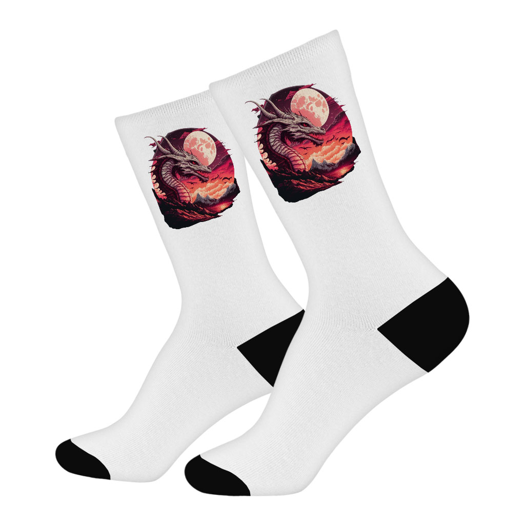 Fantasy Dragon Socks - Mountain Print Novelty Socks - Moon Crew Socks Fashion Socks Size : Large|Medium 