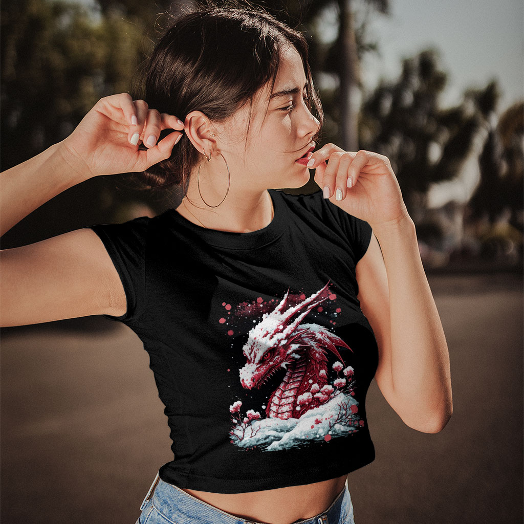 Dragon Print Women's Cropped T-Shirt - Snow Crop Top - Illustration Crop Tee Shirt Clothing T-Shirts Color : Black|Heather Olive|White 