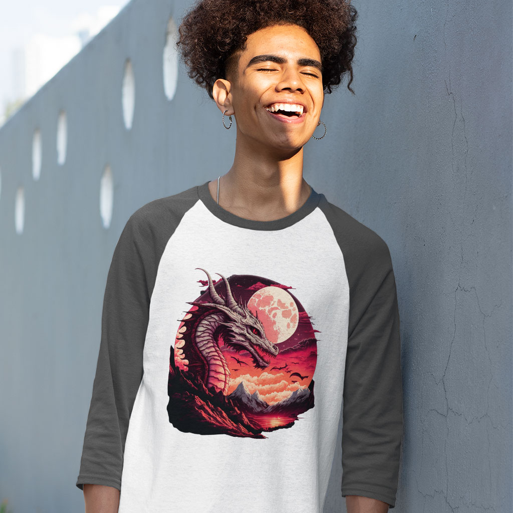 Fantasy Dragon Baseball T-Shirt - Mountain Print T-Shirt - Moon Tee Shirt Clothing T-Shirts Color : Gray White|Navy White 