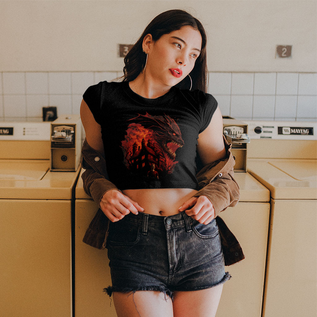 Dragon Graphic Women's Cropped T-Shirt - Warrior Crop Top - Cool Design Crop Tee Shirt Clothing T-Shirts Color : Black|Heather Olive|White 