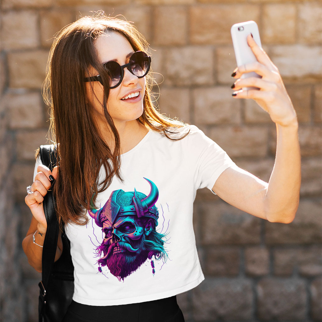 Viking Print Women's Cropped T-Shirt - Skull Design Crop Top - Cool Design Crop Tee Shirt Clothing T-Shirts Color : Black|Heather Olive|White 