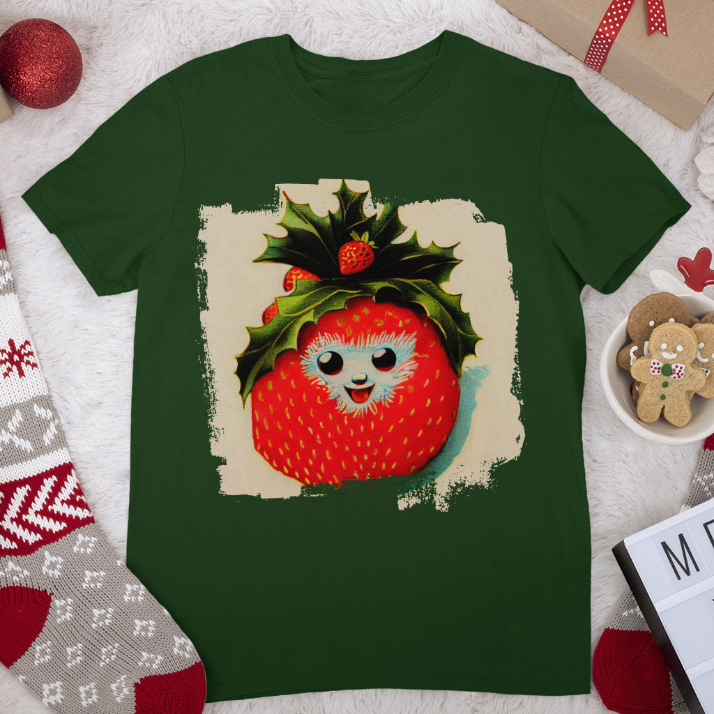 Happy Strawberry Heavy Cotton T-Shirt - Berry Graphic Tee Shirt - Cool T-Shirt Clothing T-Shirts Color : Black|Forest Green|White 