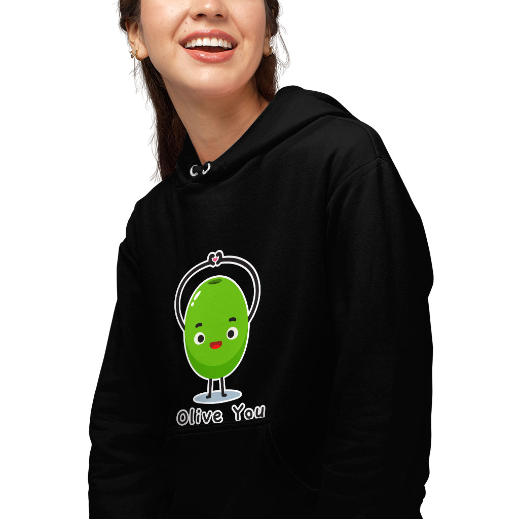Olive You Hooded Sweatshirt - Heart Print Hoodie - Graphic Hoodie Clothing Hoodies Color : Black|Navy|White 