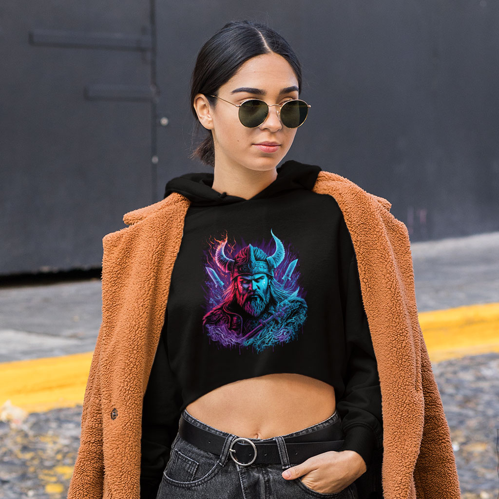 Viking Warrior Women's Cropped Hoodie - Cool Warrior Cropped Hoodie - Graphic Hooded Sweatshirt Clothing Hoodies Color : Black|Heather Dust|Storm 