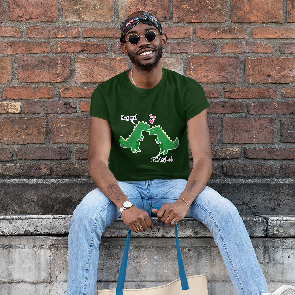 Hug Me Heavy Cotton T-Shirt - Dinosaur Tee Shirt - Funny Design T-Shirt Clothing T-Shirts Color : Black|Forest Green|White 