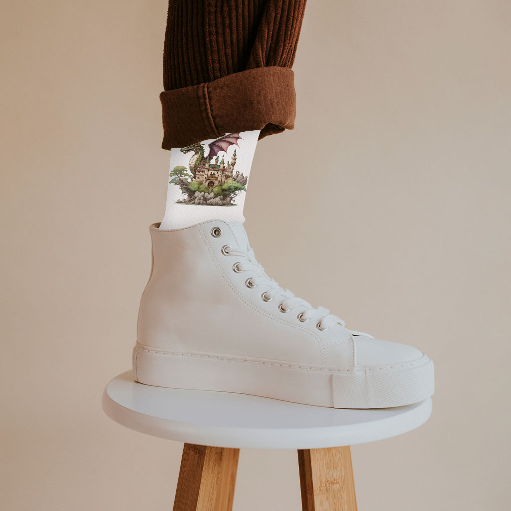 Dragon Socks - Castle Novelty Socks - Cute Dragon Crew Socks Fashion Socks Size : Large|Medium 