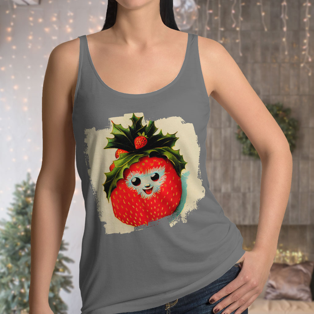Happy Strawberry Racerback Tank - Berry Graphic Tank - Cool Workout Tank Clothing Tanks Color : Black|Gray|White 