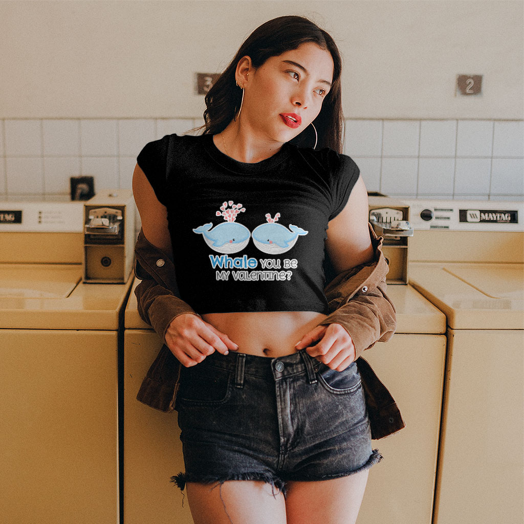 Whale You Be Mine Women's Cropped T-Shirt - Cute Kawaii Crop Top - Cartoon Crop Tee Shirt Clothing T-Shirts Color : Black|Heather Olive|White 