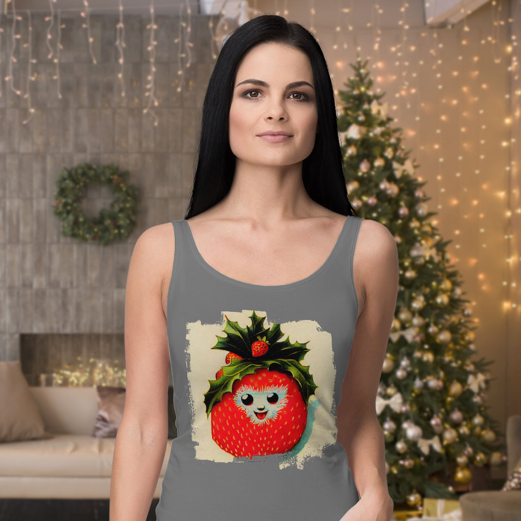Happy Strawberry Racerback Tank - Berry Graphic Tank - Cool Workout Tank Clothing Tanks Color : Black|Gray|White 