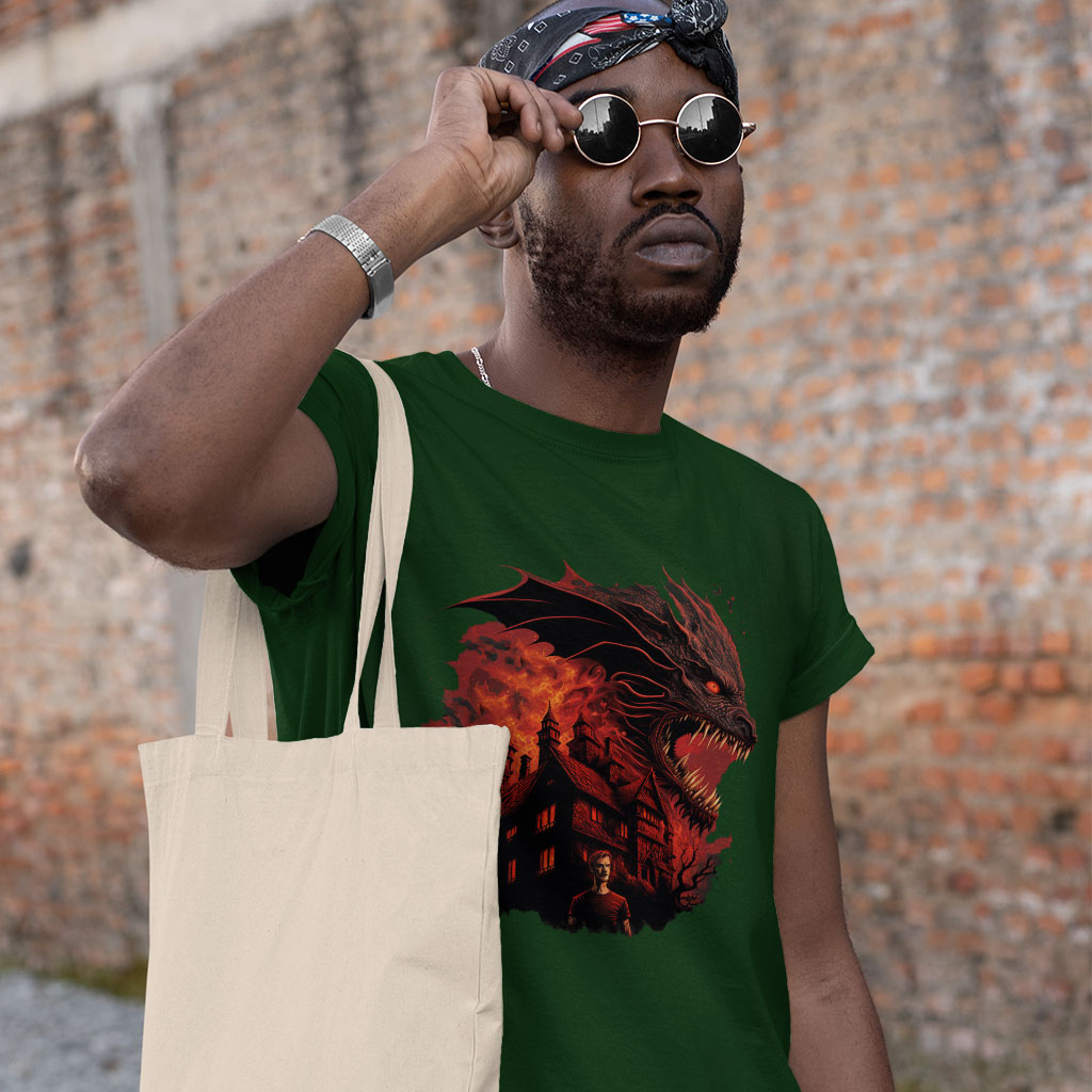 Dragon Graphic Heavy Cotton T-Shirt - Warrior Tee Shirt - Cool Design T-Shirt Clothing T-Shirts Color : Black|Forest Green|White 
