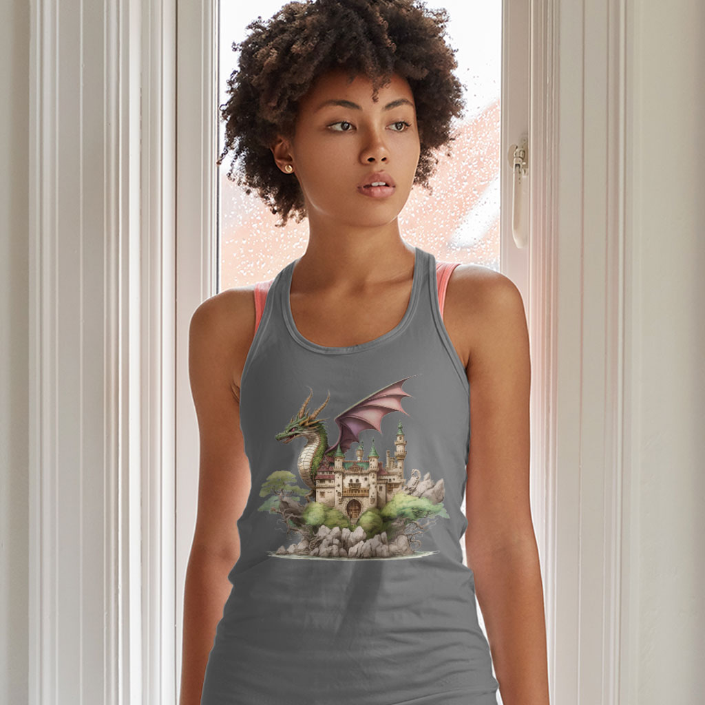 Dragon Racerback Tank - Castle Tank - Cute Dragon Workout Tank Clothing Tanks Color : Black|Gray|White 