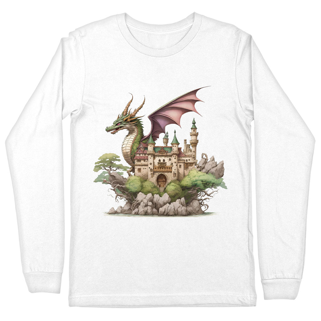 Dragon Long Sleeve T-Shirt - Castle T-Shirt - Cute Dragon Long Sleeve Tee Shirt Clothing T-Shirts Color : Black|Heather Forest|White 