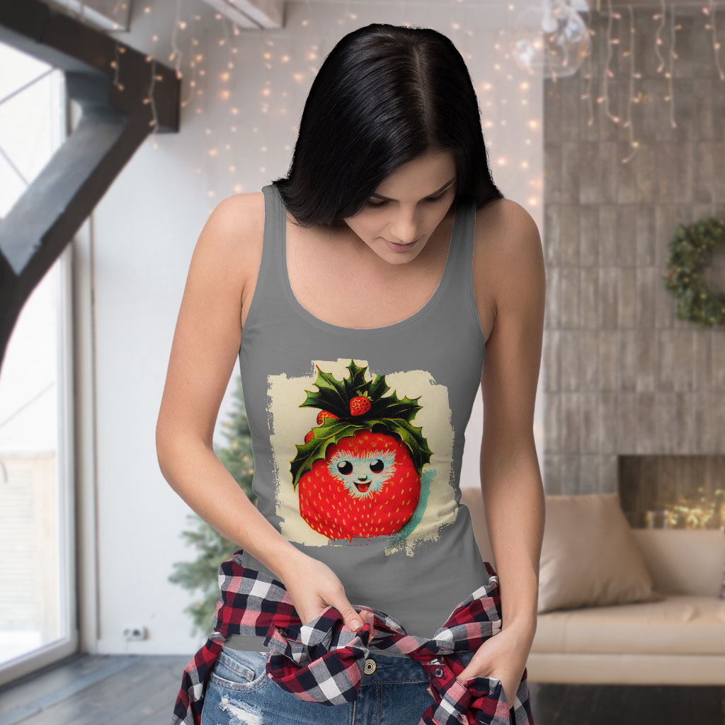 Happy Strawberry Racerback Tank - Berry Graphic Tank - Cool Workout Tank Clothing Tanks Color : Black|Gray|White 