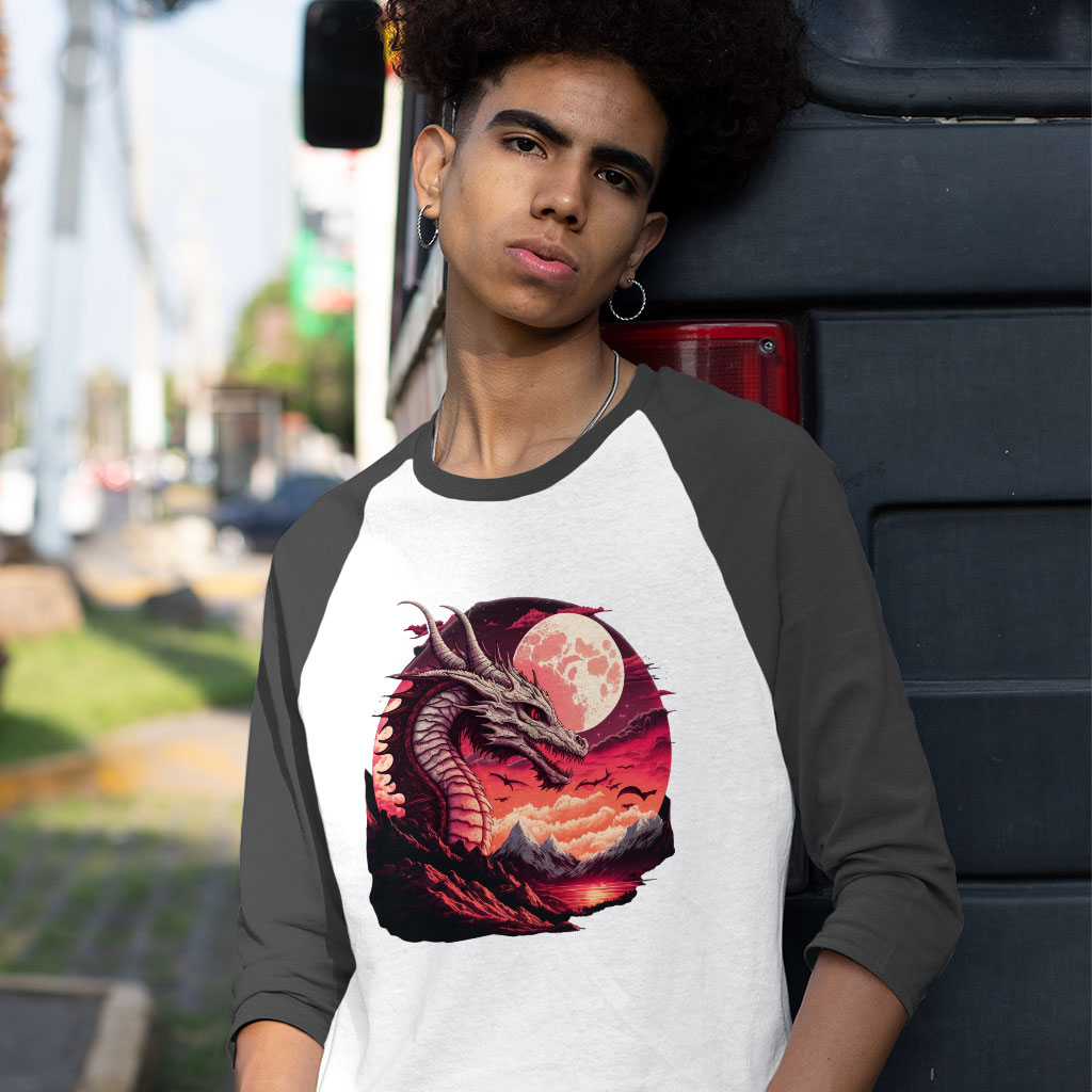 Fantasy Dragon Baseball T-Shirt - Mountain Print T-Shirt - Moon Tee Shirt Clothing T-Shirts Color : Gray White|Navy White 