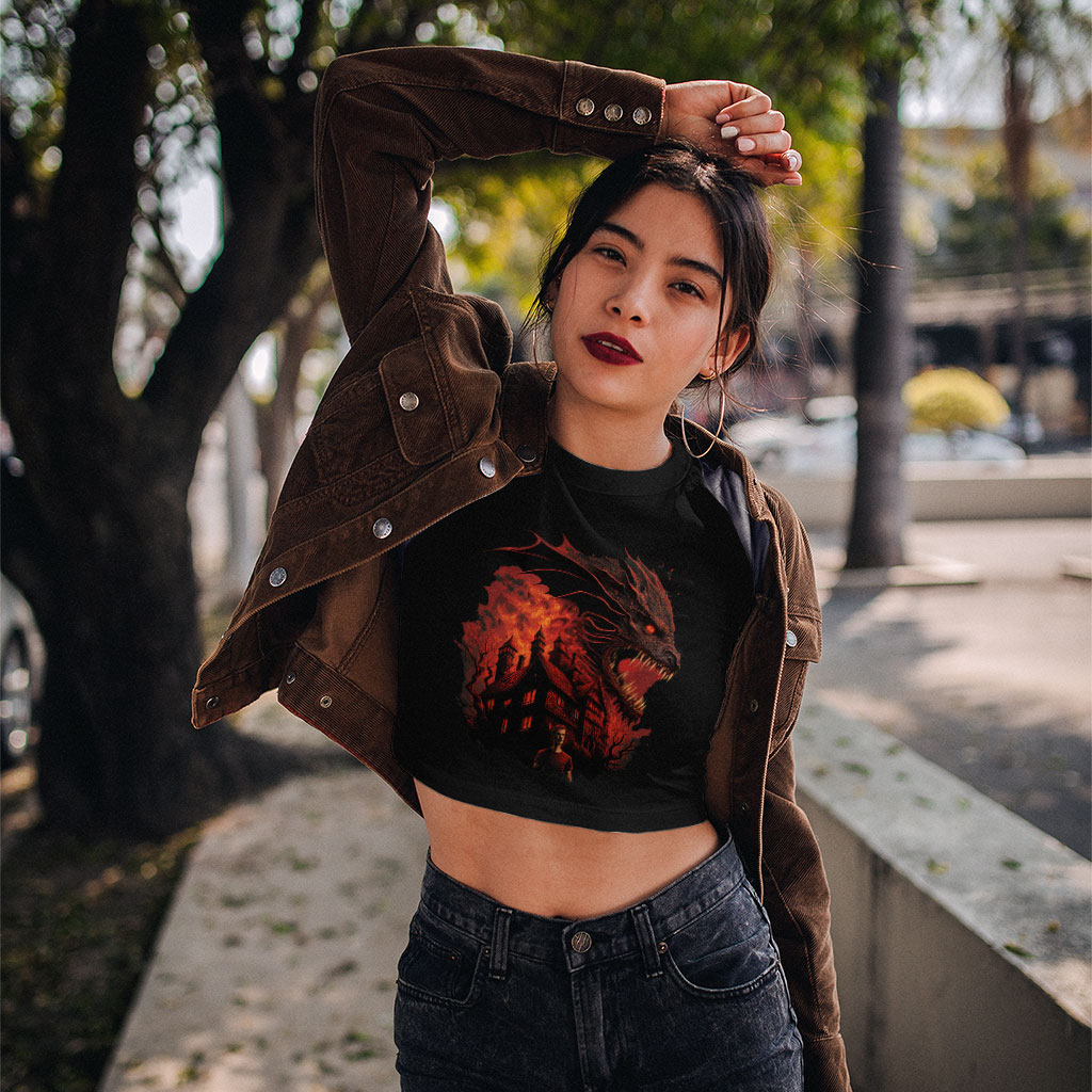 Dragon Graphic Women's Cropped T-Shirt - Warrior Crop Top - Cool Design Crop Tee Shirt Clothing T-Shirts Color : Black|Heather Olive|White 