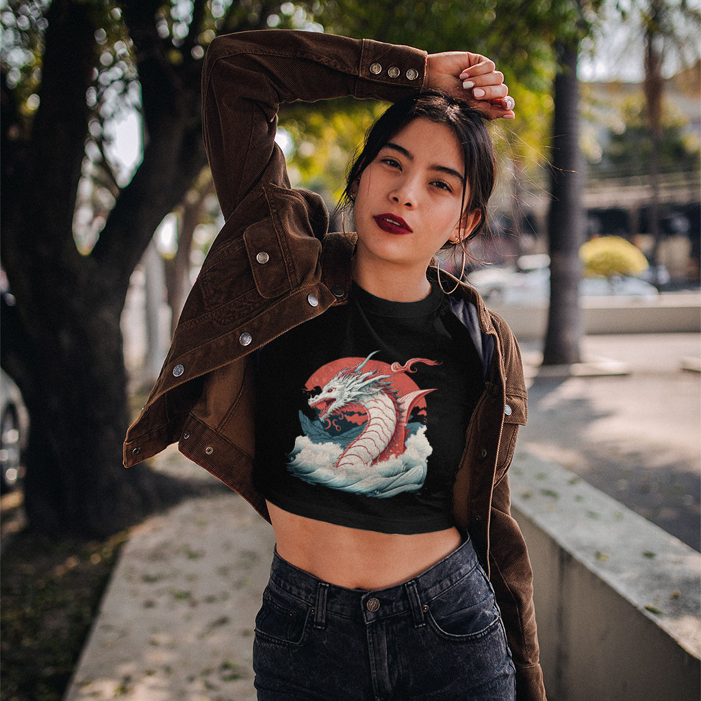 Dragon Printed Women's Cropped T-Shirt - Trendy Crop Top - Best Design Crop Tee Shirt Clothing T-Shirts Color : Black|Heather Olive|White 