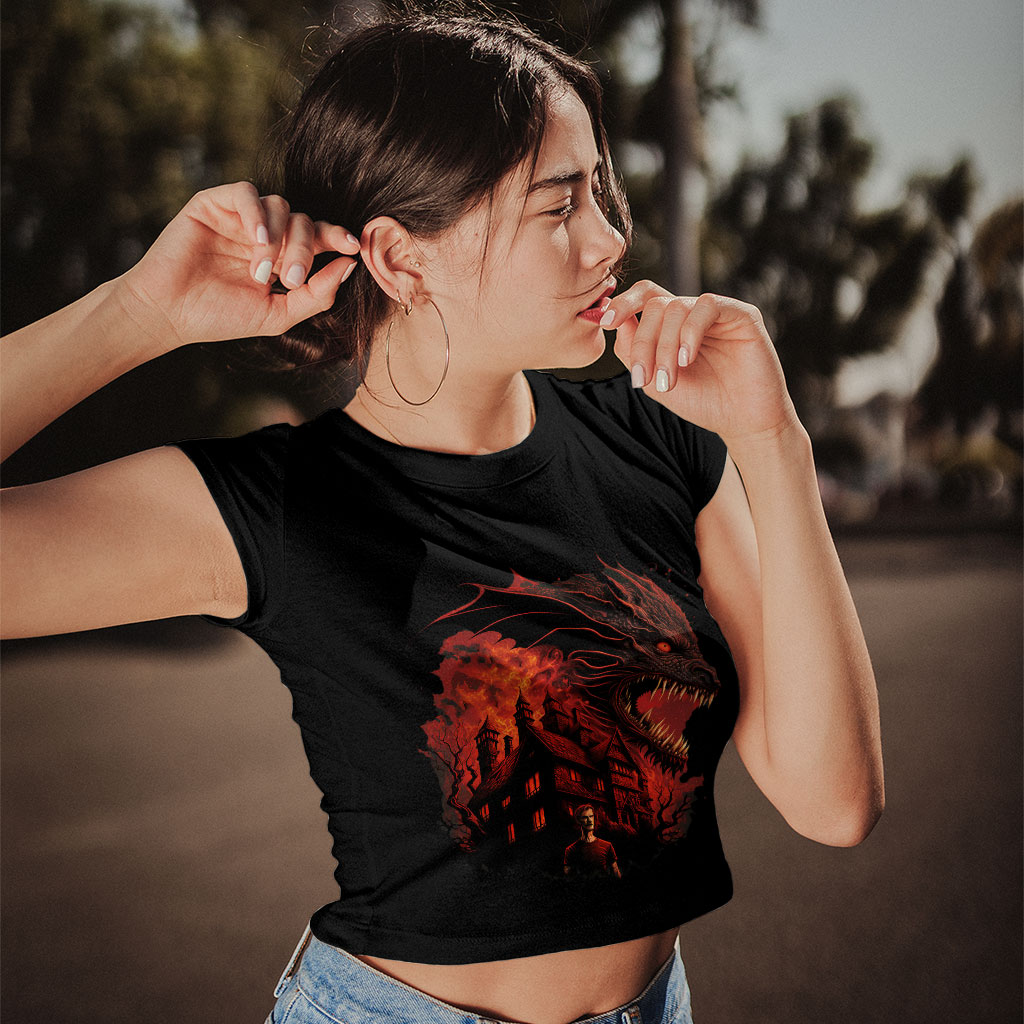 Dragon Graphic Women's Cropped T-Shirt - Warrior Crop Top - Cool Design Crop Tee Shirt Clothing T-Shirts Color : Black|Heather Olive|White 