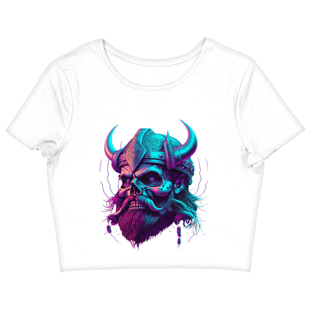 Viking Print Women's Cropped T-Shirt - Skull Design Crop Top - Cool Design Crop Tee Shirt Clothing T-Shirts Color : Black|Heather Olive|White 