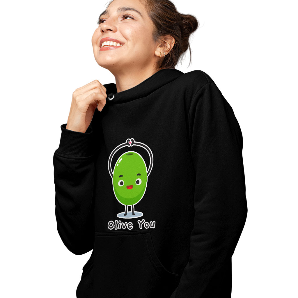 Olive You Hooded Sweatshirt - Heart Print Hoodie - Graphic Hoodie Clothing Hoodies Color : Black|Navy|White 