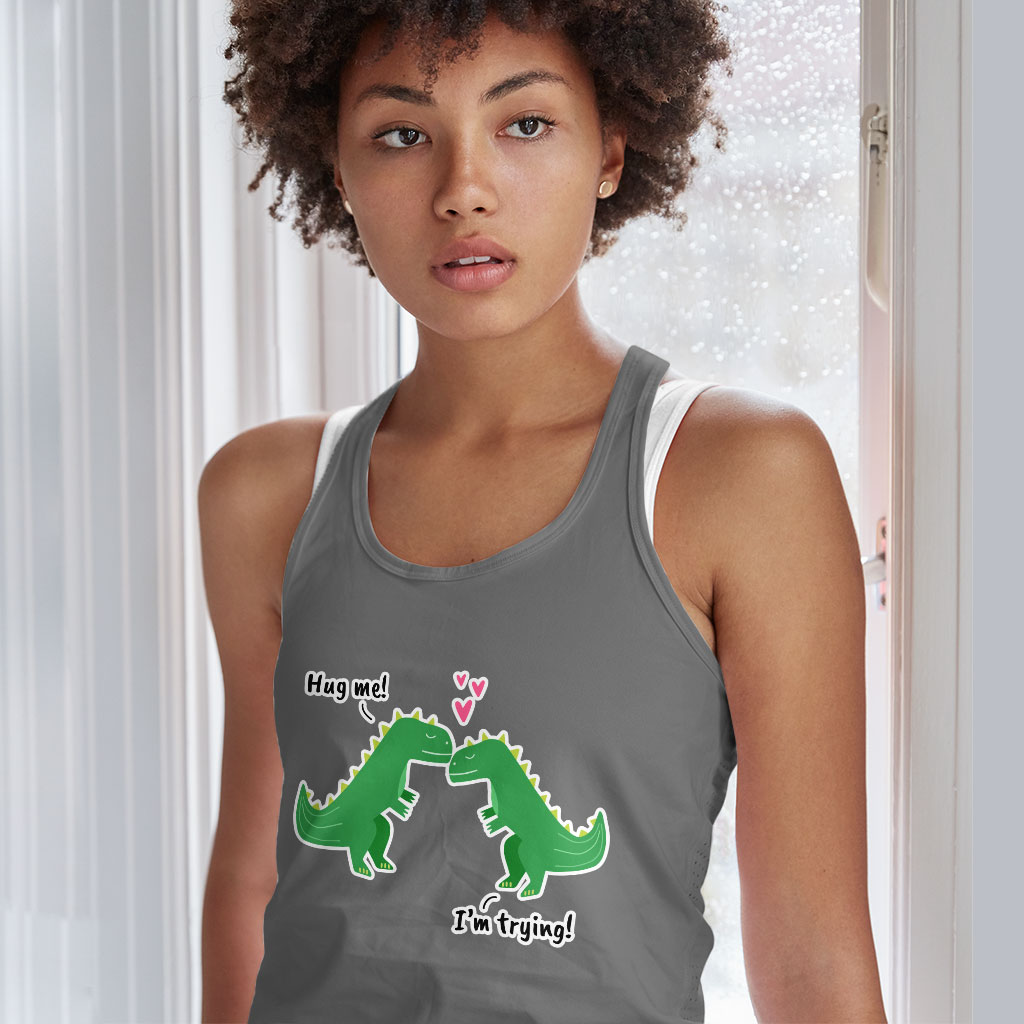 Hug Me Racerback Tank - Dinosaur Tank - Funny Design Workout Tank Clothing Tanks Color : Black|Gray|White 