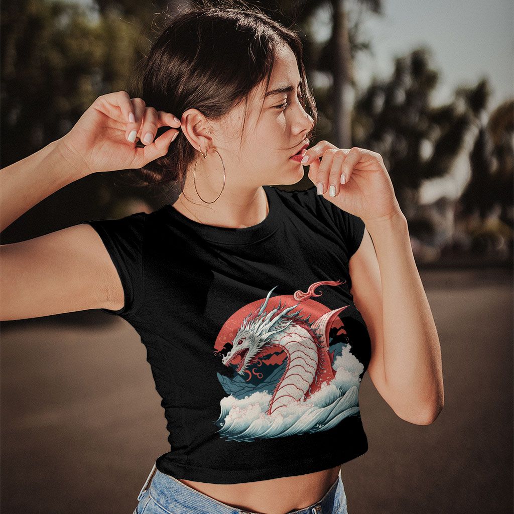 Dragon Printed Women's Cropped T-Shirt - Trendy Crop Top - Best Design Crop Tee Shirt Clothing T-Shirts Color : Black|Heather Olive|White 