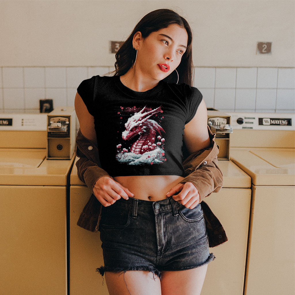 Dragon Print Women's Cropped T-Shirt - Snow Crop Top - Illustration Crop Tee Shirt Clothing T-Shirts Color : Black|Heather Olive|White 