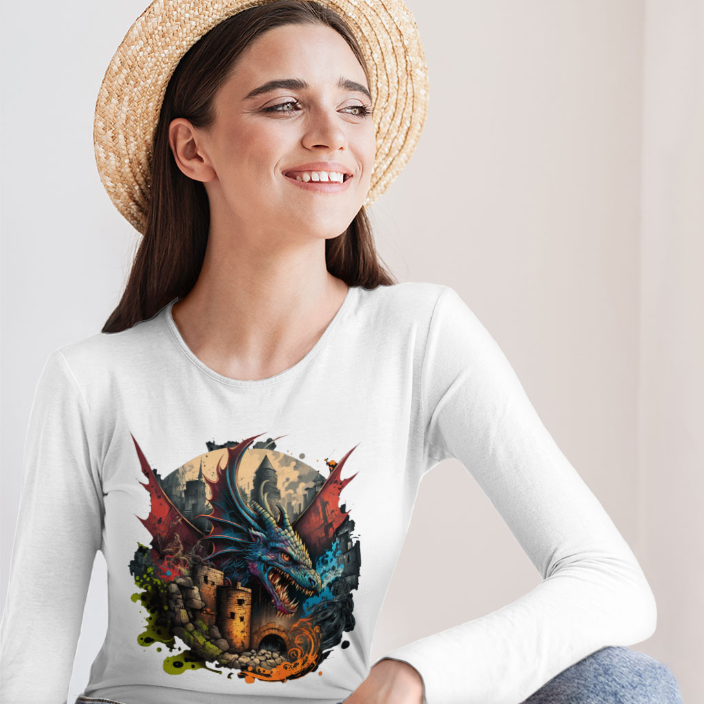 Dragon Design Long Sleeve T-Shirt - Magic T-Shirt - Printed Long Sleeve Tee Shirt Clothing T-Shirts Color : Black|Heather Forest|White 