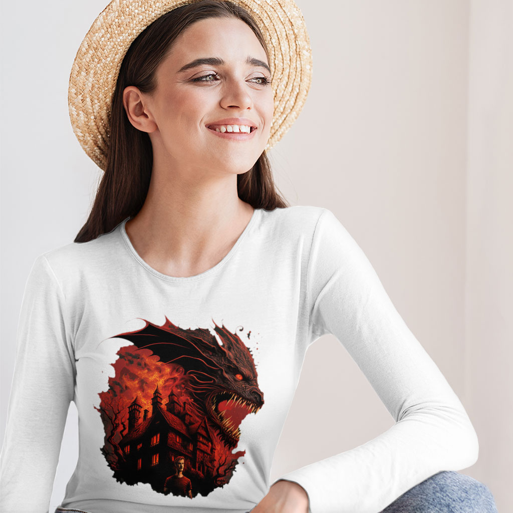 Dragon Graphic Long Sleeve T-Shirt - Warrior T-Shirt - Cool Design Long Sleeve Tee Shirt Clothing T-Shirts Color : Black|Heather Forest|White 