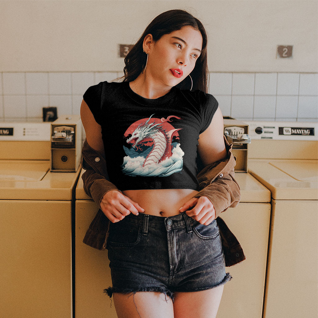 Dragon Printed Women's Cropped T-Shirt - Trendy Crop Top - Best Design Crop Tee Shirt Clothing T-Shirts Color : Black|Heather Olive|White 