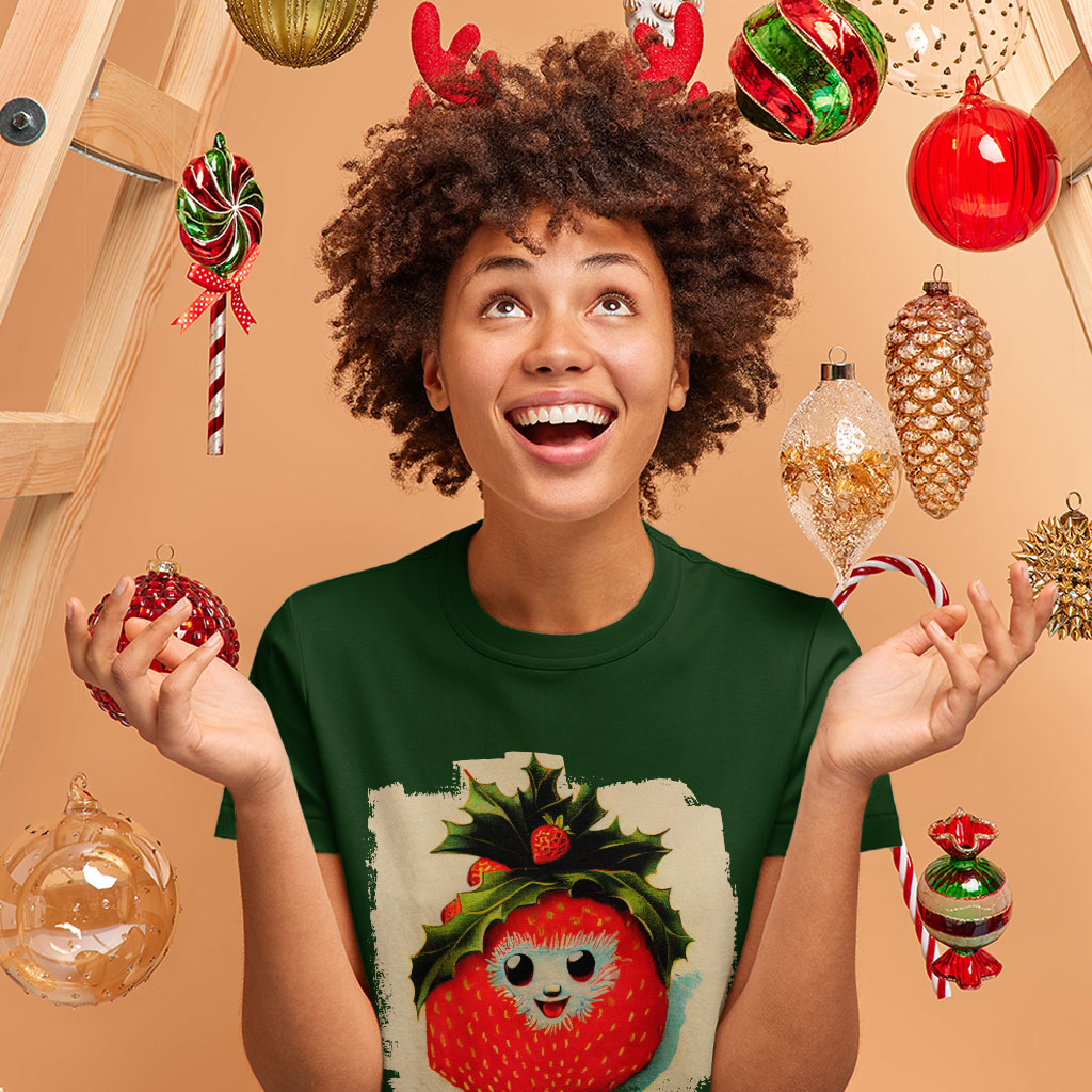 Happy Strawberry Heavy Cotton T-Shirt - Berry Graphic Tee Shirt - Cool T-Shirt Clothing T-Shirts Color : Black|Forest Green|White 