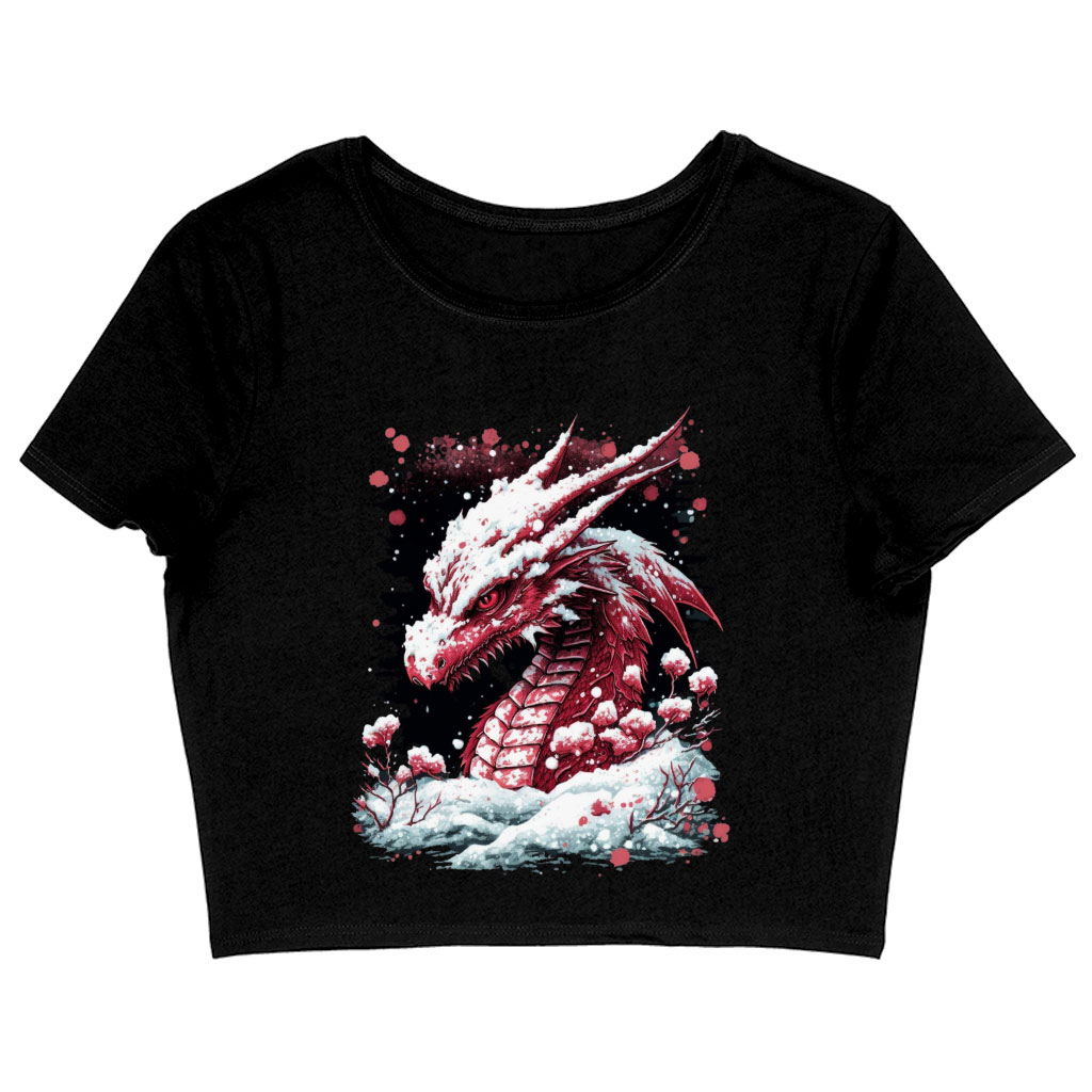 Dragon Print Women's Cropped T-Shirt - Snow Crop Top - Illustration Crop Tee Shirt Clothing T-Shirts Color : Black|Heather Olive|White 