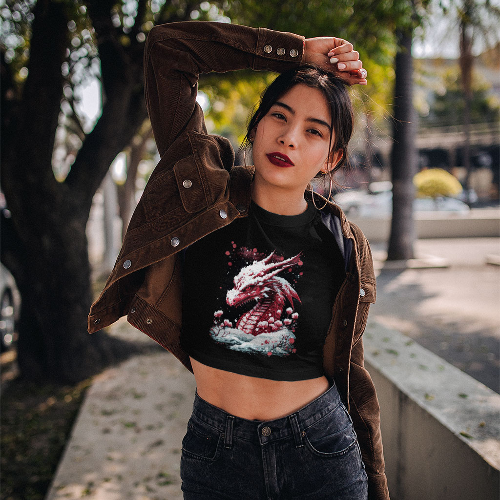 Dragon Print Women's Cropped T-Shirt - Snow Crop Top - Illustration Crop Tee Shirt Clothing T-Shirts Color : Black|Heather Olive|White 