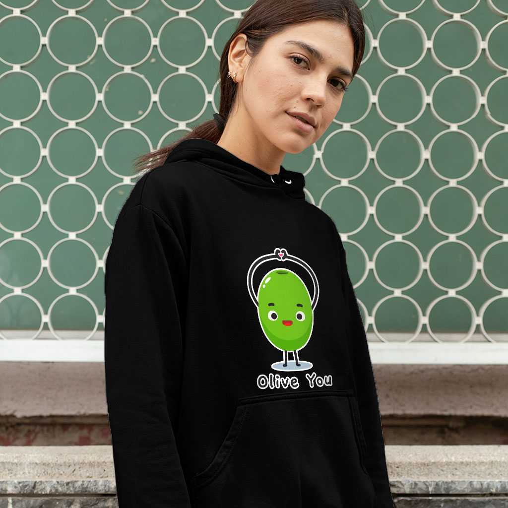 Olive You Hooded Sweatshirt - Heart Print Hoodie - Graphic Hoodie Clothing Hoodies Color : Black|Navy|White 