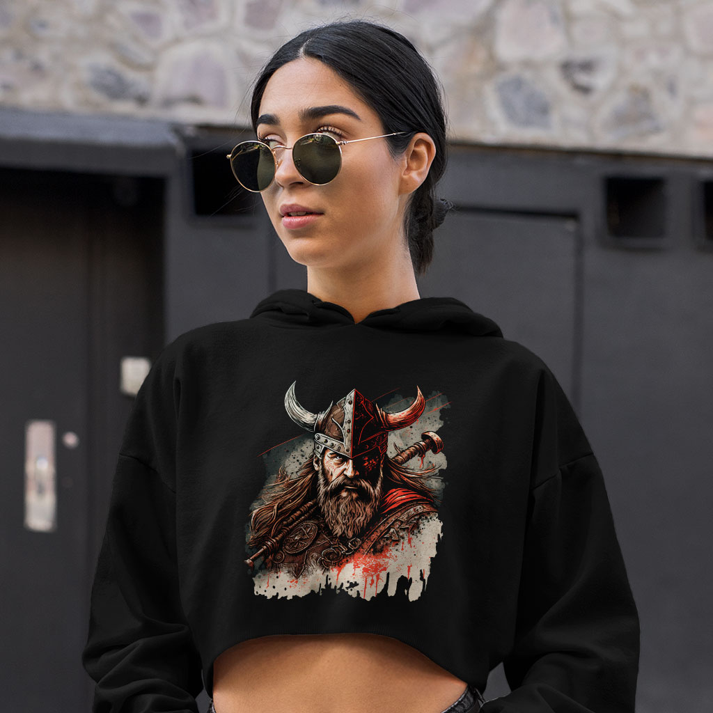 Viking Themed Women's Cropped Hoodie - Warrior Print Cropped Hoodie - Printed Hooded Sweatshirt Clothing Hoodies Color : Black|Heather Dust|Storm 