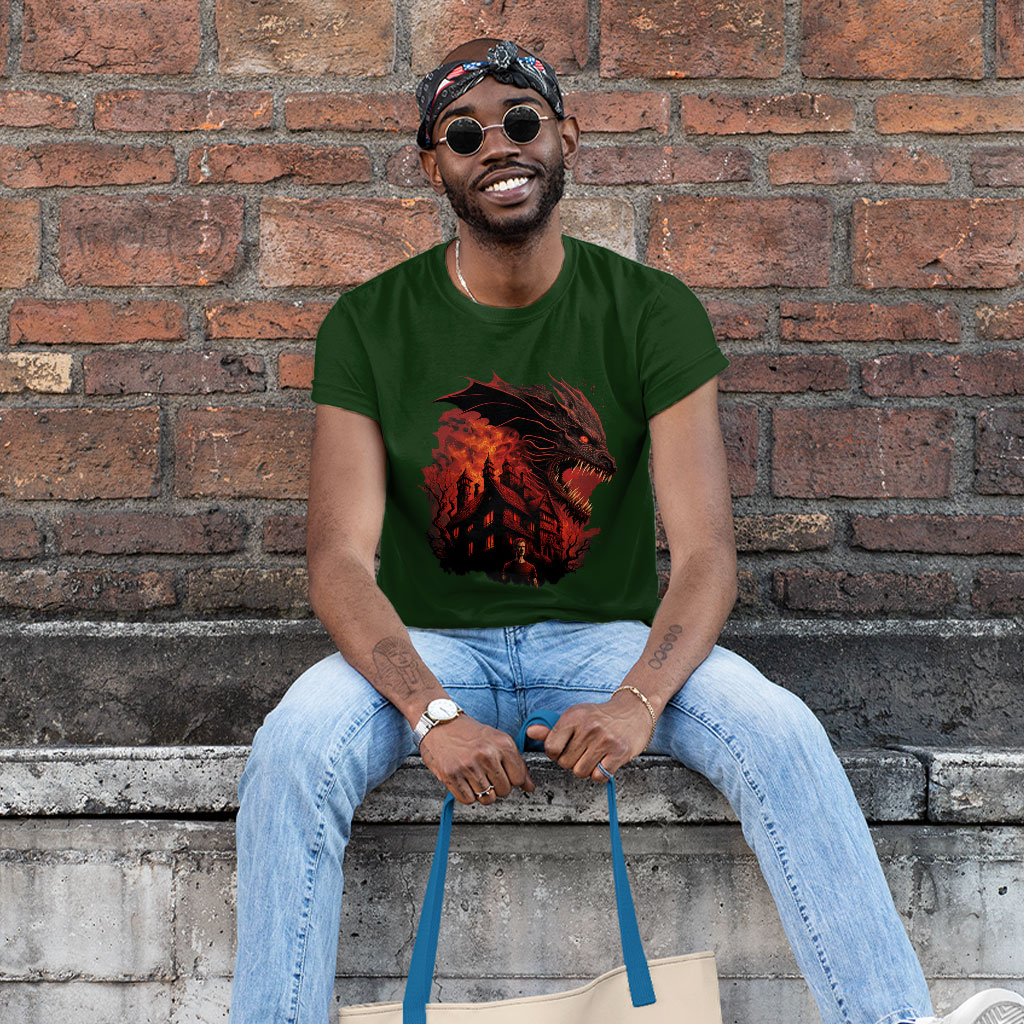 Dragon Graphic Heavy Cotton T-Shirt - Warrior Tee Shirt - Cool Design T-Shirt Clothing T-Shirts Color : Black|Forest Green|White 
