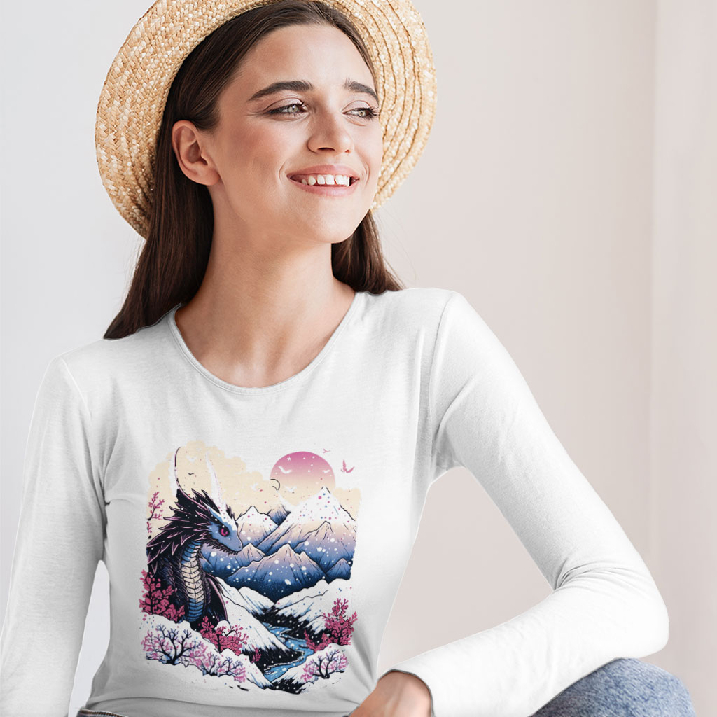 Chinese Dragon Long Sleeve T-Shirt - Mountain T-Shirt - Nature Long Sleeve Tee Shirt Clothing T-Shirts Color : Black|Heather Forest|White 