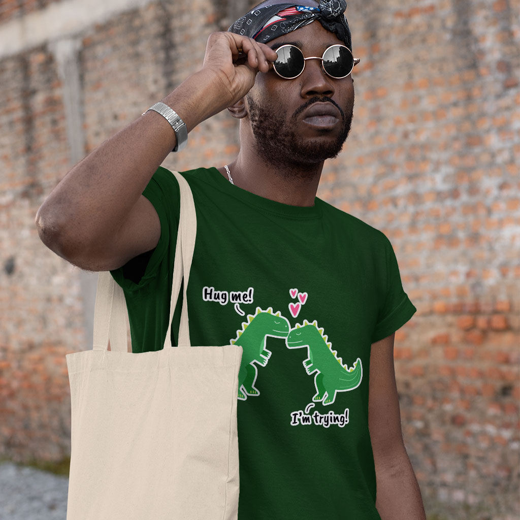 Hug Me Heavy Cotton T-Shirt - Dinosaur Tee Shirt - Funny Design T-Shirt Clothing T-Shirts Color : Black|Forest Green|White 
