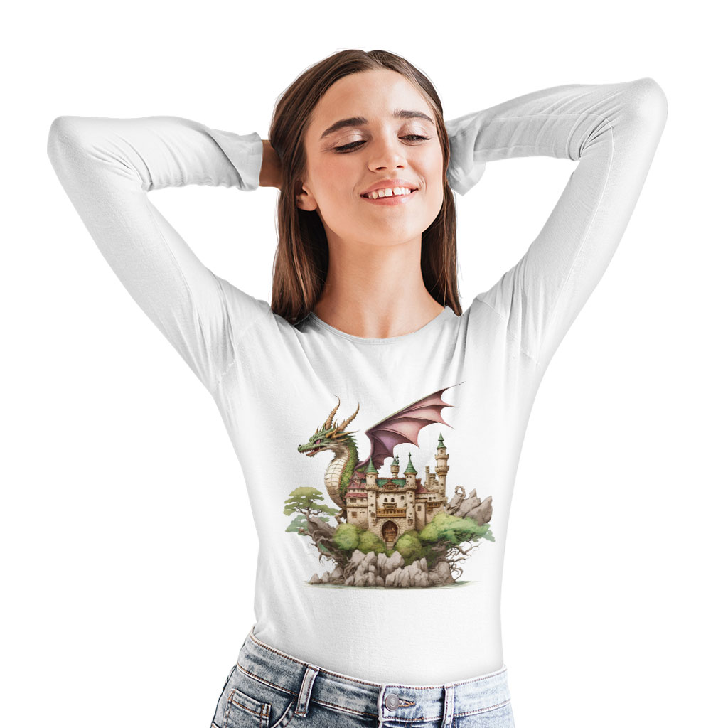 Dragon Long Sleeve T-Shirt - Castle T-Shirt - Cute Dragon Long Sleeve Tee Shirt Clothing T-Shirts Color : Black|Heather Forest|White 
