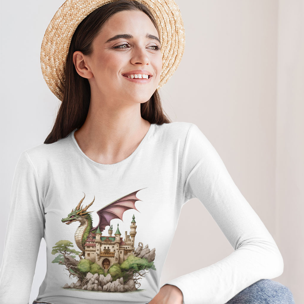 Dragon Long Sleeve T-Shirt - Castle T-Shirt - Cute Dragon Long Sleeve Tee Shirt Clothing T-Shirts Color : Black|Heather Forest|White 