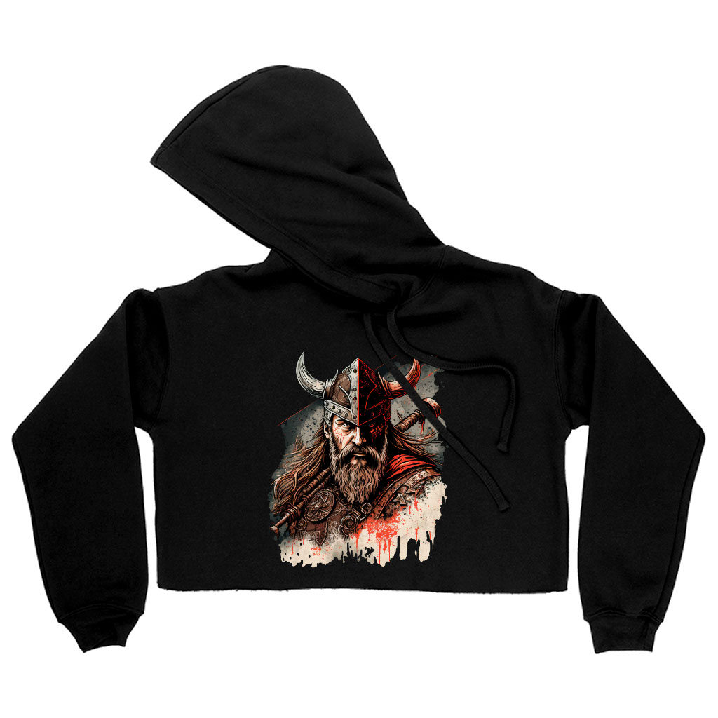 Viking Themed Women's Cropped Hoodie - Warrior Print Cropped Hoodie - Printed Hooded Sweatshirt Clothing Hoodies Color : Black|Heather Dust|Storm 