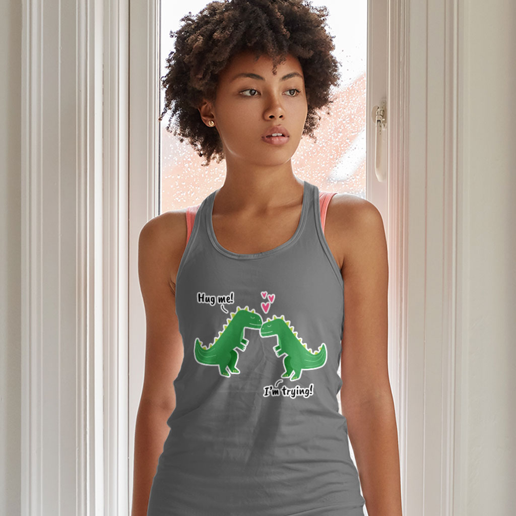 Hug Me Racerback Tank - Dinosaur Tank - Funny Design Workout Tank Clothing Tanks Color : Black|Gray|White 