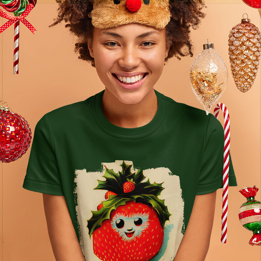 Happy Strawberry Heavy Cotton T-Shirt - Berry Graphic Tee Shirt - Cool T-Shirt Clothing T-Shirts Color : Black|Forest Green|White 
