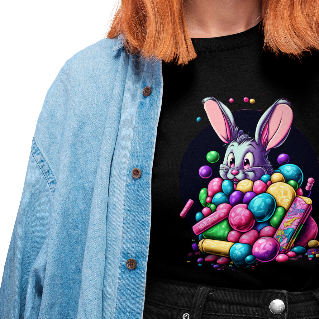 Kawaii Bunny Heavy Cotton T-Shirt - Cute Animal Tee Shirt - Candy Themed T-Shirt Clothing T-Shirts Color : Black|Forest Green|White 