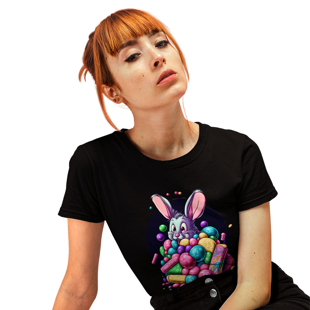 Kawaii Bunny Heavy Cotton T-Shirt - Cute Animal Tee Shirt - Candy Themed T-Shirt Clothing T-Shirts Color : Black|Forest Green|White 