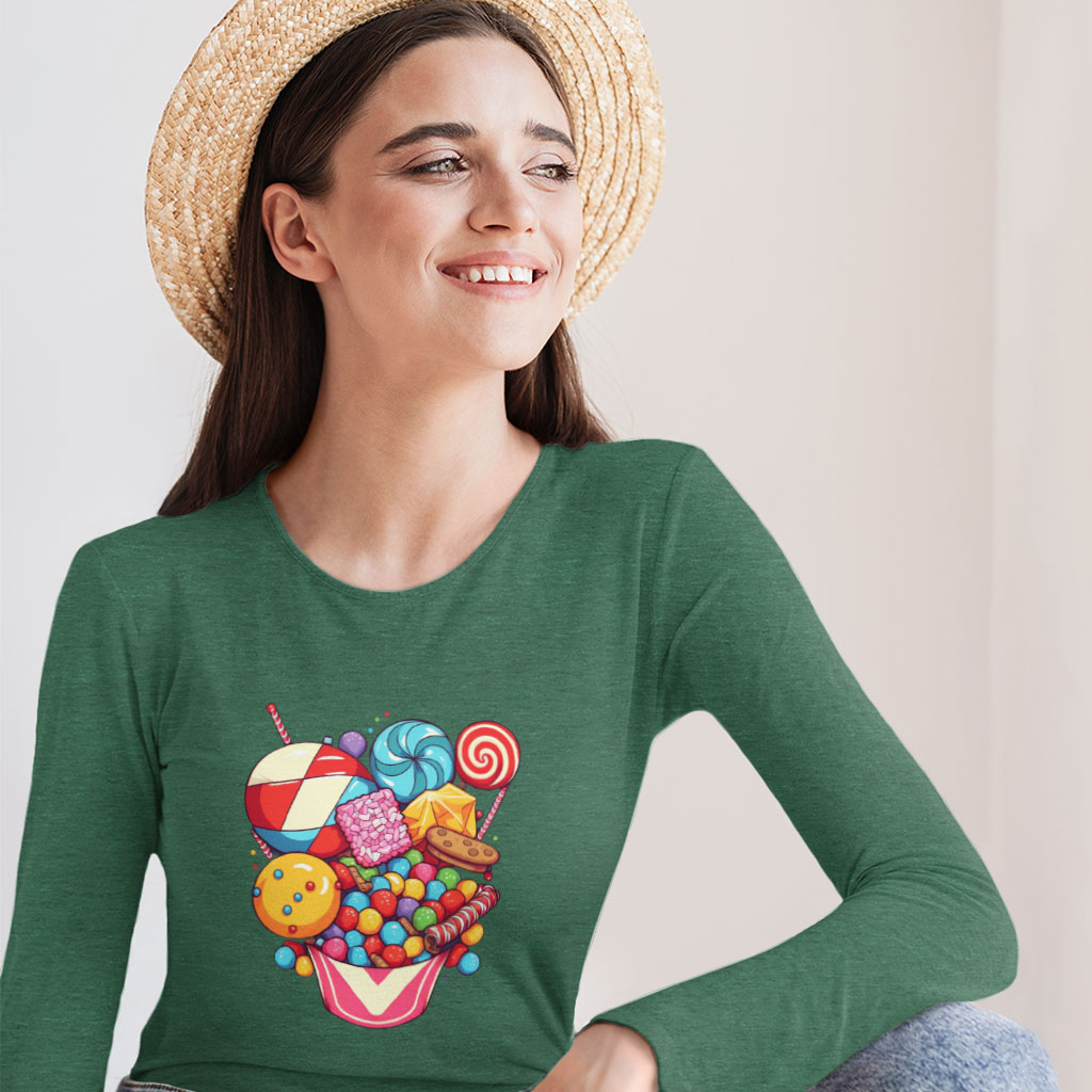 Candy Print Long Sleeve T-Shirt - Graphic T-Shirt - Sweet Long Sleeve Tee Shirt Clothing T-Shirts Color : Black|Heather Forest|White 