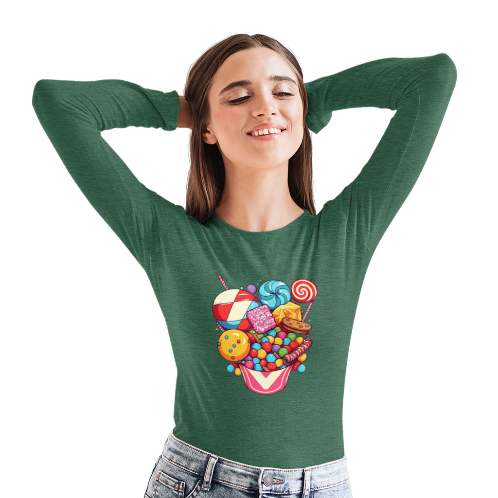 Candy Print Long Sleeve T-Shirt - Graphic T-Shirt - Sweet Long Sleeve Tee Shirt Clothing T-Shirts Color : Black|Heather Forest|White 